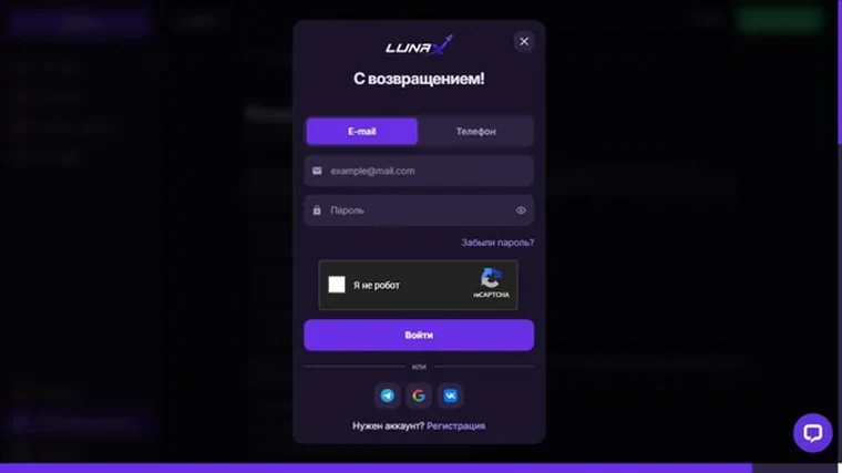 Форма входа в аккаунт LunaX (иллюстрация к шагам)